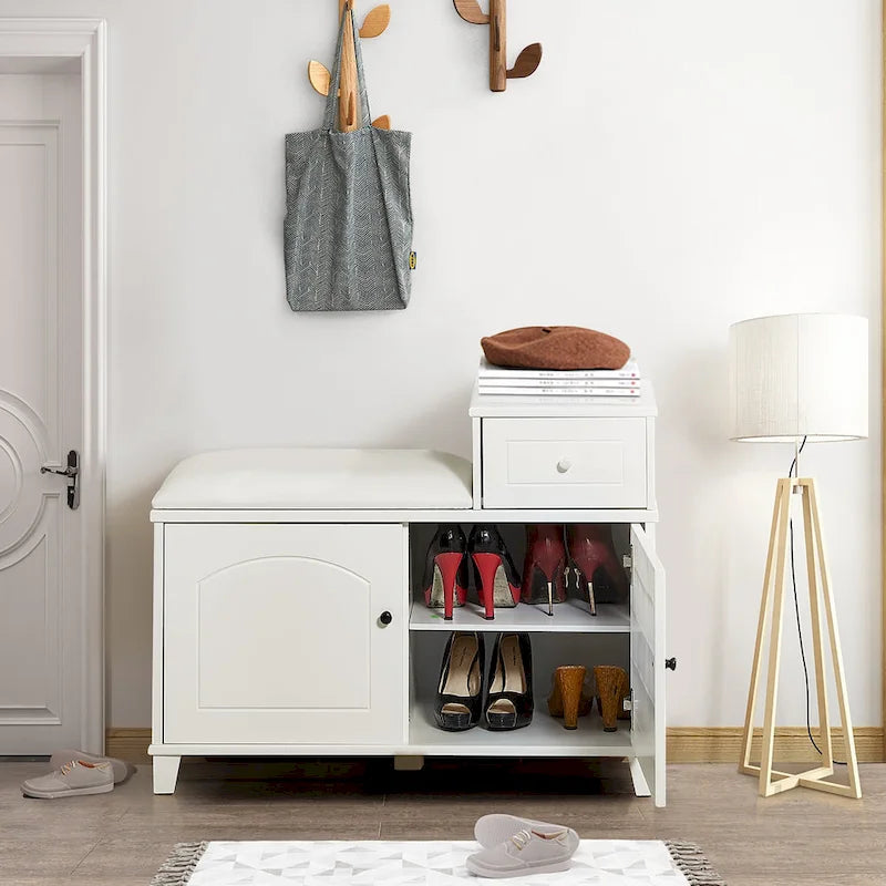 Shoe Storage Bench with PU Cushion and Movable Drawer