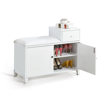 Shoe Storage Bench with PU Cushion and Movable Drawer