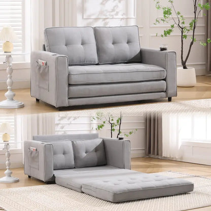 Foldable Tufted Loveseat with Pull Out Bed and Side Pockets