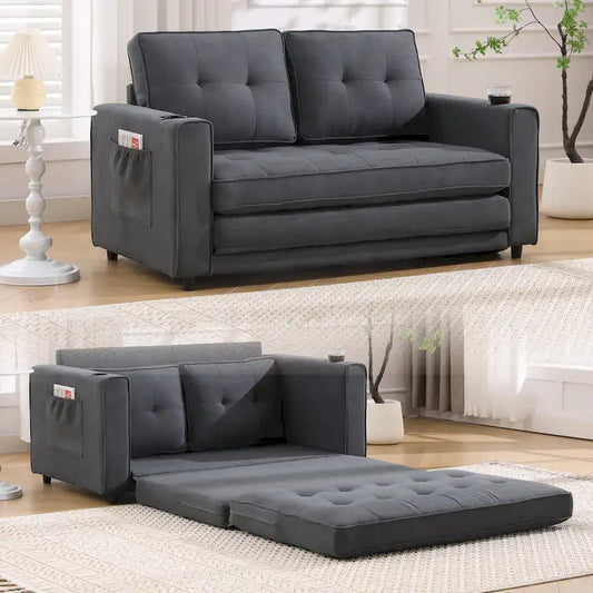 Foldable Tufted Loveseat with Pull Out Bed and Side Pockets