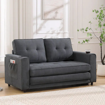 Foldable Tufted Loveseat with Pull Out Bed and Side Pockets