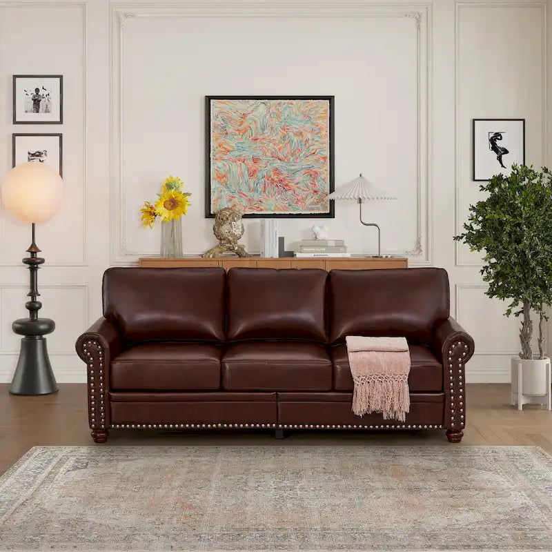 Classic 83 PU Leather Upholstered 3-Seater Sofa with Bottom Storage Box and Nailhead Decoration