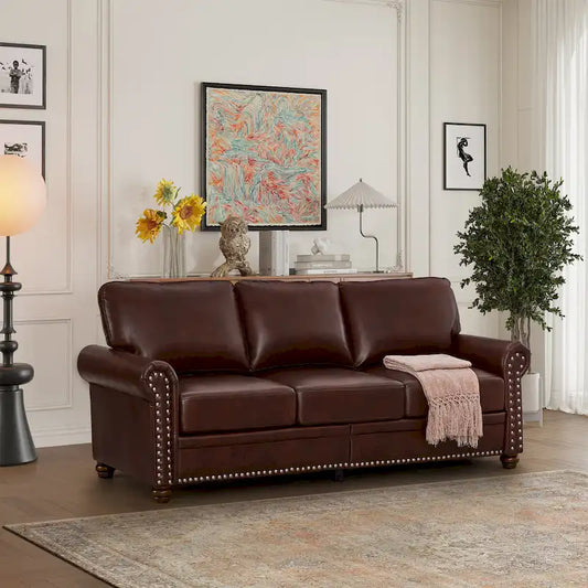 Classic 83 PU Leather Upholstered 3-Seater Sofa with Bottom Storage Box and Nailhead Decoration