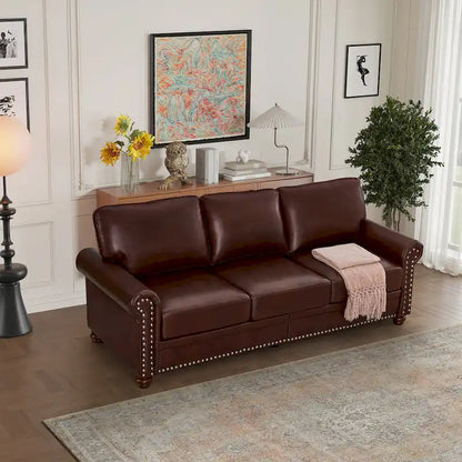 Classic 83 PU Leather Upholstered 3-Seater Sofa with Bottom Storage Box and Nailhead Decoration