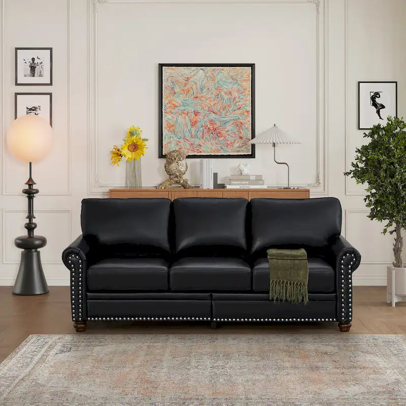 Classic 83 PU Leather Upholstered 3-Seater Sofa with Bottom Storage Box and Nailhead Decoration