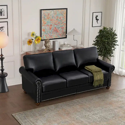 Classic 83 PU Leather Upholstered 3-Seater Sofa with Bottom Storage Box and Nailhead Decoration