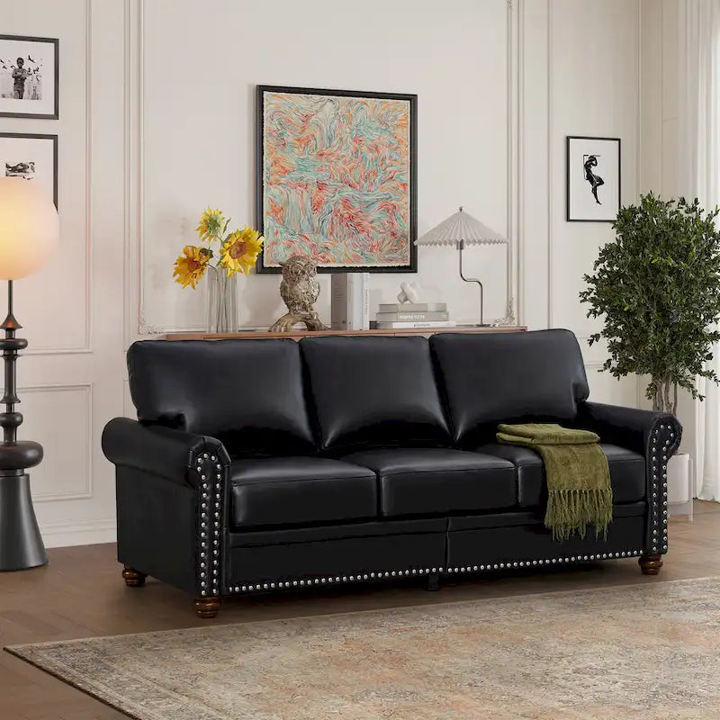 Classic 83 PU Leather Upholstered 3-Seater Sofa with Bottom Storage Box and Nailhead Decoration
