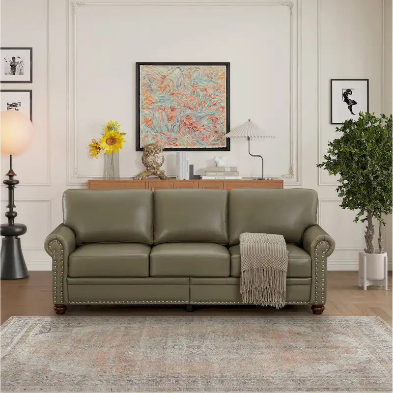 Classic 83 PU Leather Upholstered 3-Seater Sofa with Bottom Storage Box and Nailhead Decoration