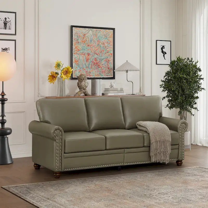 Classic 83 PU Leather Upholstered 3-Seater Sofa with Bottom Storage Box and Nailhead Decoration
