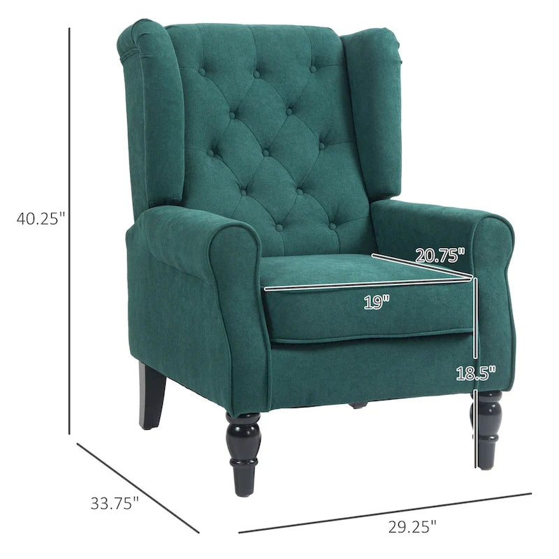 Button-Tufted Accent Chair with High Wingback, Rounded Cushioned Armrests and Thick Padded Seat, Dark Green