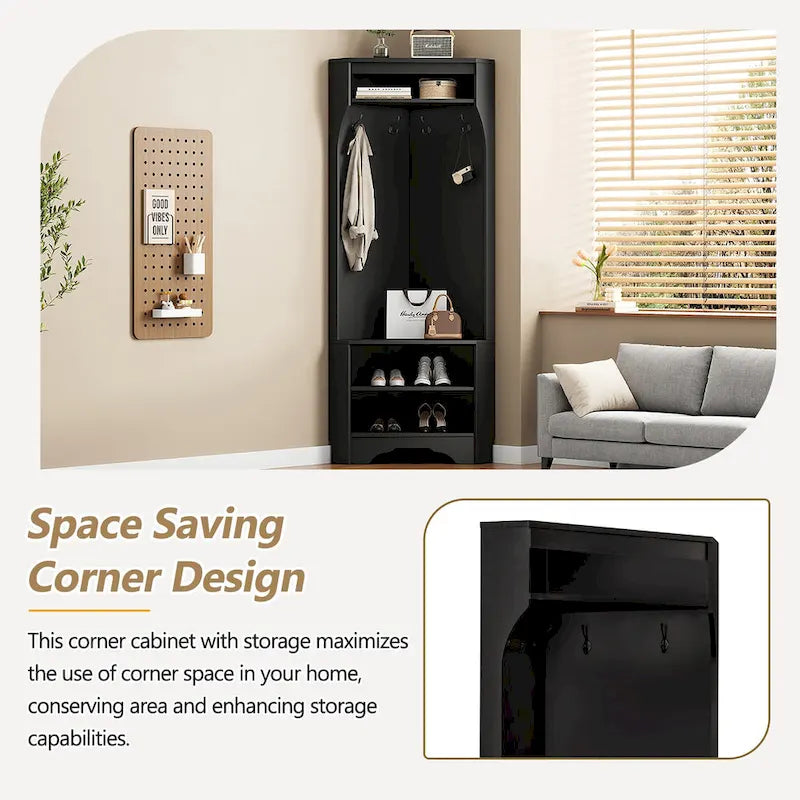 Corner Hall Tree with Shoe Bench - Multifunctional Entryway Coat Rack Featuring 4 Hooks and Adjustable Shelf,29.5W x 71.6H