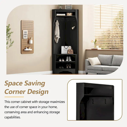 Corner Hall Tree with Shoe Bench - Multifunctional Entryway Coat Rack Featuring 4 Hooks and Adjustable Shelf,29.5W x 71.6H