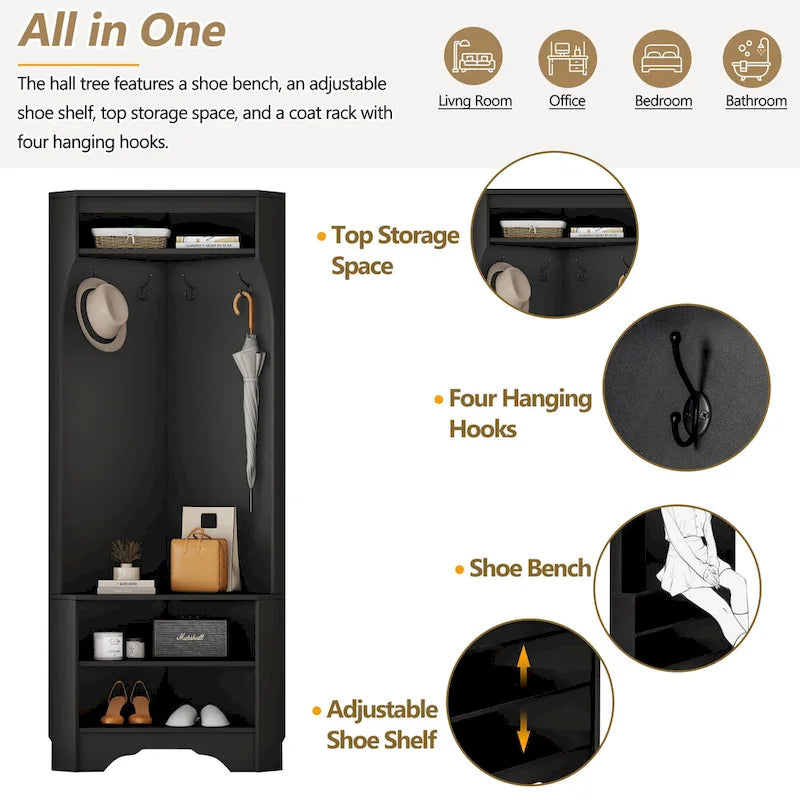Corner Hall Tree with Shoe Bench - Multifunctional Entryway Coat Rack Featuring 4 Hooks and Adjustable Shelf,29.5W x 71.6H