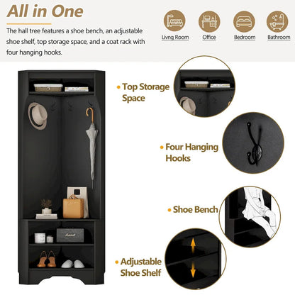Corner Hall Tree with Shoe Bench - Multifunctional Entryway Coat Rack Featuring 4 Hooks and Adjustable Shelf,29.5W x 71.6H