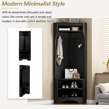 Corner Hall Tree with Shoe Bench - Multifunctional Entryway Coat Rack Featuring 4 Hooks and Adjustable Shelf,29.5W x 71.6H