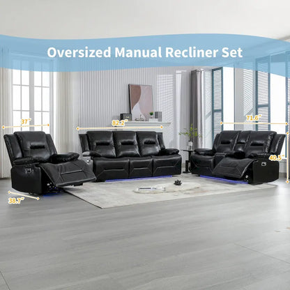 Home Theater Recliner Set Manual Recliner Chair with a LED Light Strip Two Built-in Cup Holders for Living Room,Bedroom, Black ,