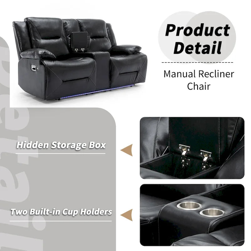 Home Theater Recliner Set Manual Recliner Chair with a LED Light Strip Two Built-in Cup Holders for Living Room,Bedroom, Black ,