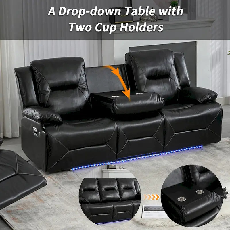 Home Theater Recliner Set Manual Recliner Chair with a LED Light Strip Two Built-in Cup Holders for Living Room,Bedroom, Black ,