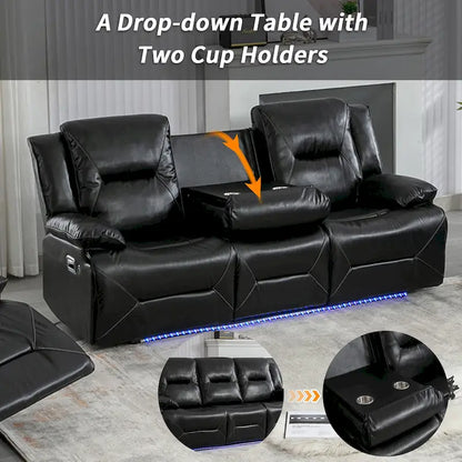 Home Theater Recliner Set Manual Recliner Chair with a LED Light Strip Two Built-in Cup Holders for Living Room,Bedroom, Black ,