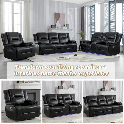 Home Theater Recliner Set Manual Recliner Chair with a LED Light Strip Two Built-in Cup Holders for Living Room,Bedroom, Black ,