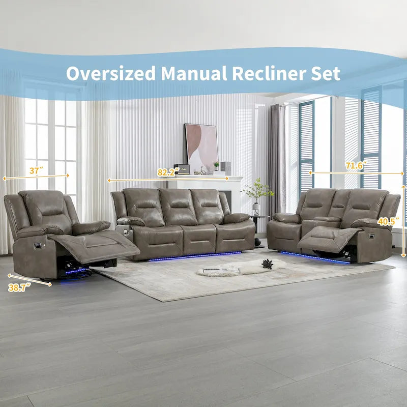 Home Theater Recliner Set Manual Recliner Chair with a LED Light Strip Two Built-in Cup Holders for Living Room,Bedroom, Black ,