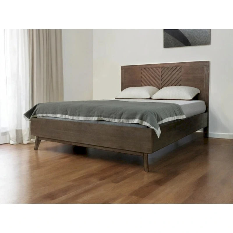 HomeRoots Brown Carved Geometric Solid Wood King Bed Frame