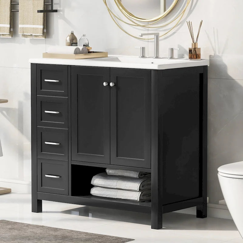 36 Modern Vanity with Sink, 2 Cabinets, 2 Metal Handles, and Sliding Drawer Tracks, Suitable for Dressing Room Bathroom