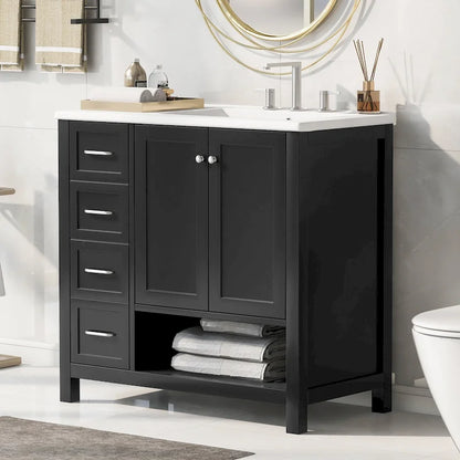 36 Modern Vanity with Sink, 2 Cabinets, 2 Metal Handles, and Sliding Drawer Tracks, Suitable for Dressing Room Bathroom