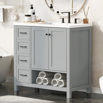 36 Modern Vanity with Sink, 2 Cabinets, 2 Metal Handles, and Sliding Drawer Tracks, Suitable for Dressing Room Bathroom