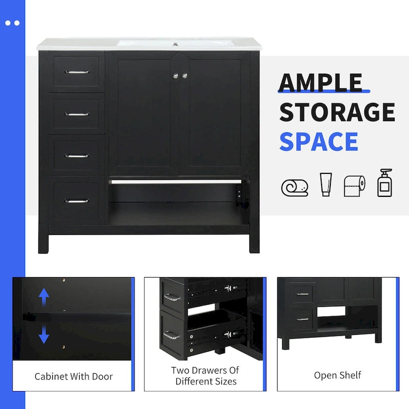 36 Modern Vanity with Sink, 2 Cabinets, 2 Metal Handles, and Sliding Drawer Tracks, Suitable for Dressing Room Bathroom