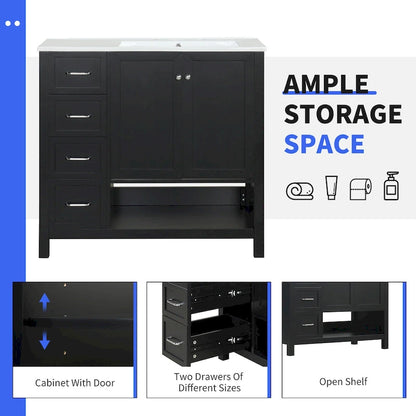36 Modern Vanity with Sink, 2 Cabinets, 2 Metal Handles, and Sliding Drawer Tracks, Suitable for Dressing Room Bathroom