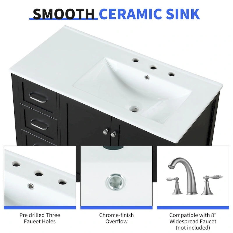 36 Modern Vanity with Sink, 2 Cabinets, 2 Metal Handles, and Sliding Drawer Tracks, Suitable for Dressing Room Bathroom