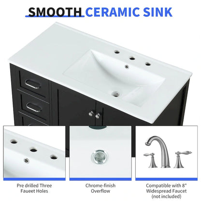 36 Modern Vanity with Sink, 2 Cabinets, 2 Metal Handles, and Sliding Drawer Tracks, Suitable for Dressing Room Bathroom