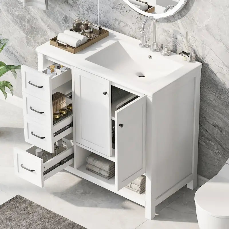 36 Modern Vanity with Sink, 2 Cabinets, 2 Metal Handles, and Sliding Drawer Tracks, Suitable for Dressing Room Bathroom