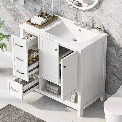 36 Modern Vanity with Sink, 2 Cabinets, 2 Metal Handles, and Sliding Drawer Tracks, Suitable for Dressing Room Bathroom
