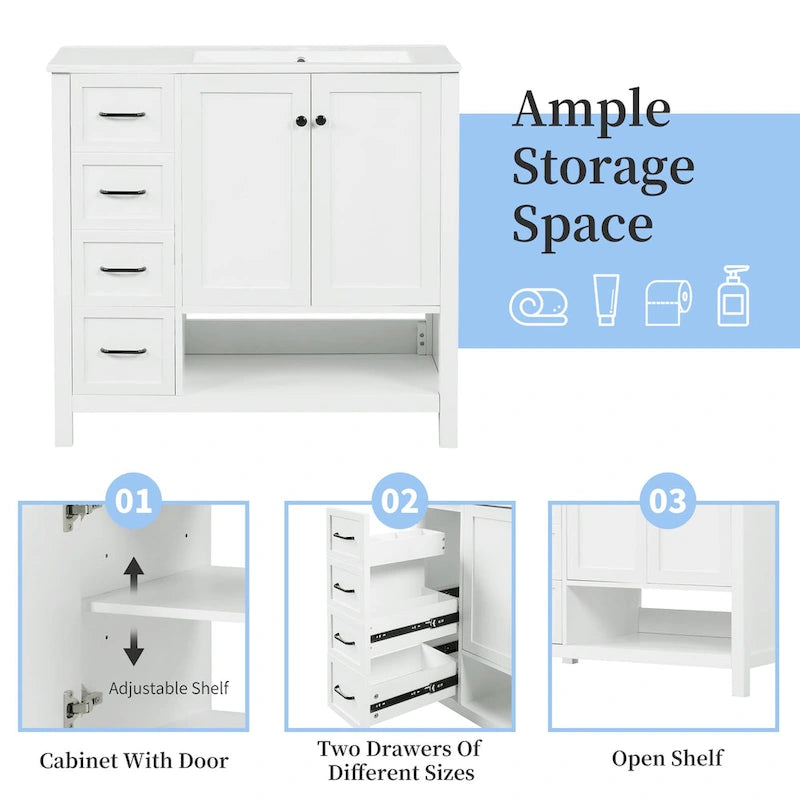 36 Modern Vanity with Sink, 2 Cabinets, 2 Metal Handles, and Sliding Drawer Tracks, Suitable for Dressing Room Bathroom