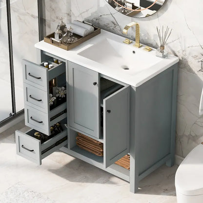 36 Modern Vanity with Sink, 2 Cabinets, 2 Metal Handles, and Sliding Drawer Tracks, Suitable for Dressing Room Bathroom
