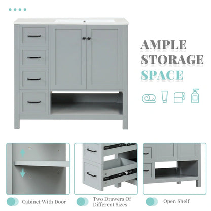 36 Modern Vanity with Sink, 2 Cabinets, 2 Metal Handles, and Sliding Drawer Tracks, Suitable for Dressing Room Bathroom