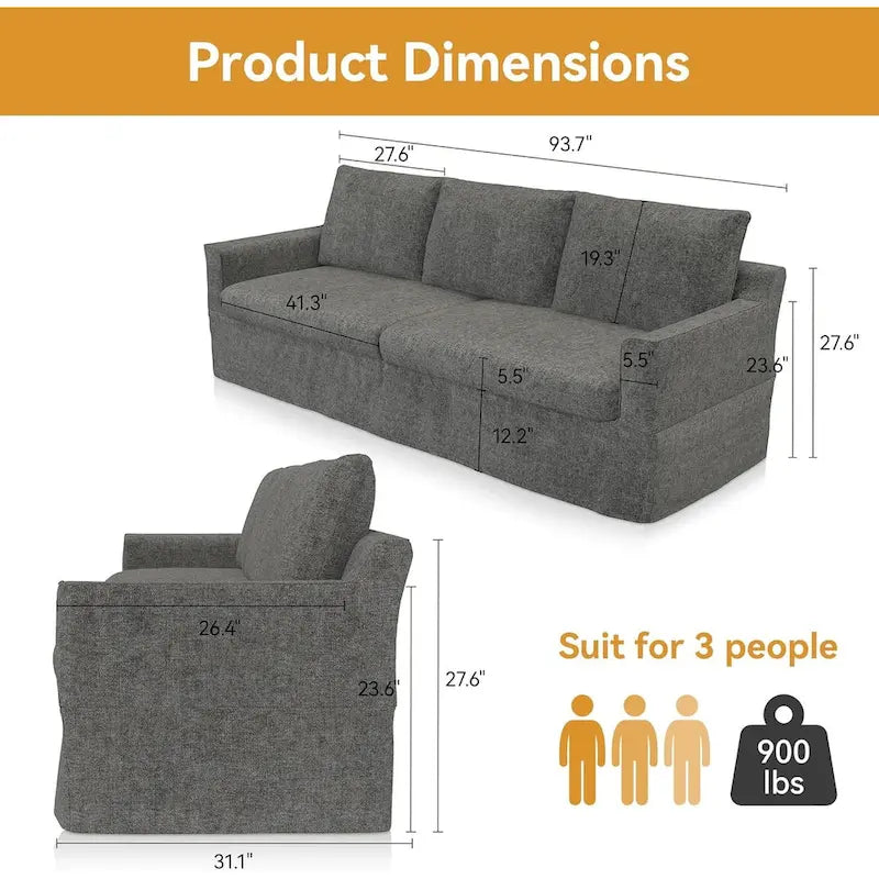 93 Modern 3-Seater Sofa Couch with Deep Seats and Removable Slipcover