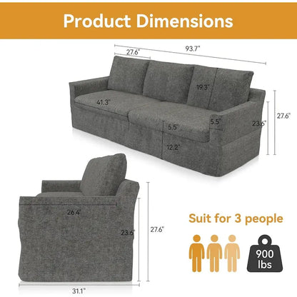 93 Modern 3-Seater Sofa Couch with Deep Seats and Removable Slipcover