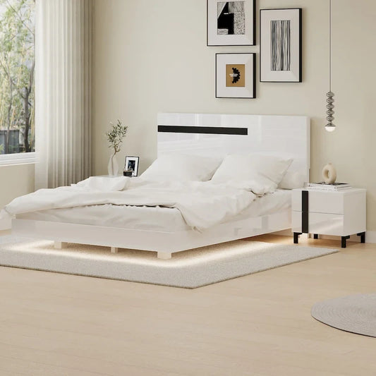 Modern 3-Piece Bedroom Set, Queen Size Platform Bed, Floating Bed Frame with LED Light & 2 Nightstands with Metal Legs