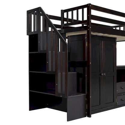 Twin Size Loft Bed with Stairs, Bookshelf, Drawers, Desk & Wardrobe