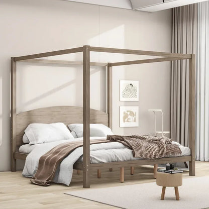 King Size Pine Canopy Platform Bed w/ Classic Wood Headboard Upholstered Bed Frame, No Box Spring Needed, Easy Assembly