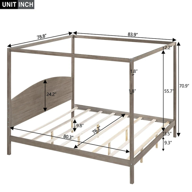 King Size Pine Canopy Platform Bed w/ Classic Wood Headboard Upholstered Bed Frame, No Box Spring Needed, Easy Assembly