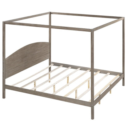 King Size Pine Canopy Platform Bed w/ Classic Wood Headboard Upholstered Bed Frame, No Box Spring Needed, Easy Assembly