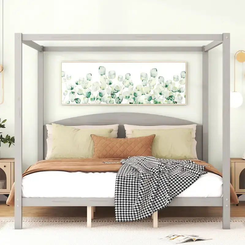 King Size Pine Canopy Platform Bed w/ Classic Wood Headboard Upholstered Bed Frame, No Box Spring Needed, Easy Assembly