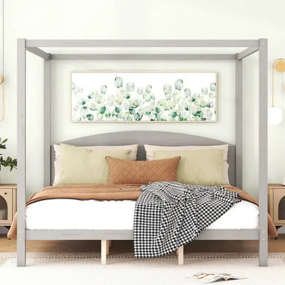 King Size Pine Canopy Platform Bed w/ Classic Wood Headboard Upholstered Bed Frame, No Box Spring Needed, Easy Assembly