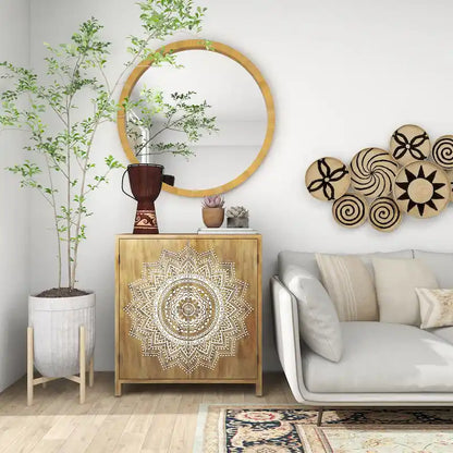 Wood Floral Intricately Carved 1 Shelf and 2 Doors Room Cabinet - Brown - Roche River Decor