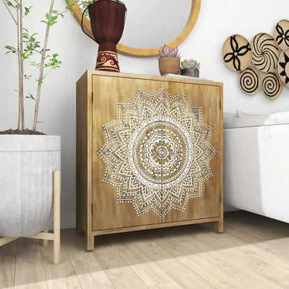 Wood Floral Intricately Carved 1 Shelf and 2 Doors Room Cabinet - Brown - Roche River Decor