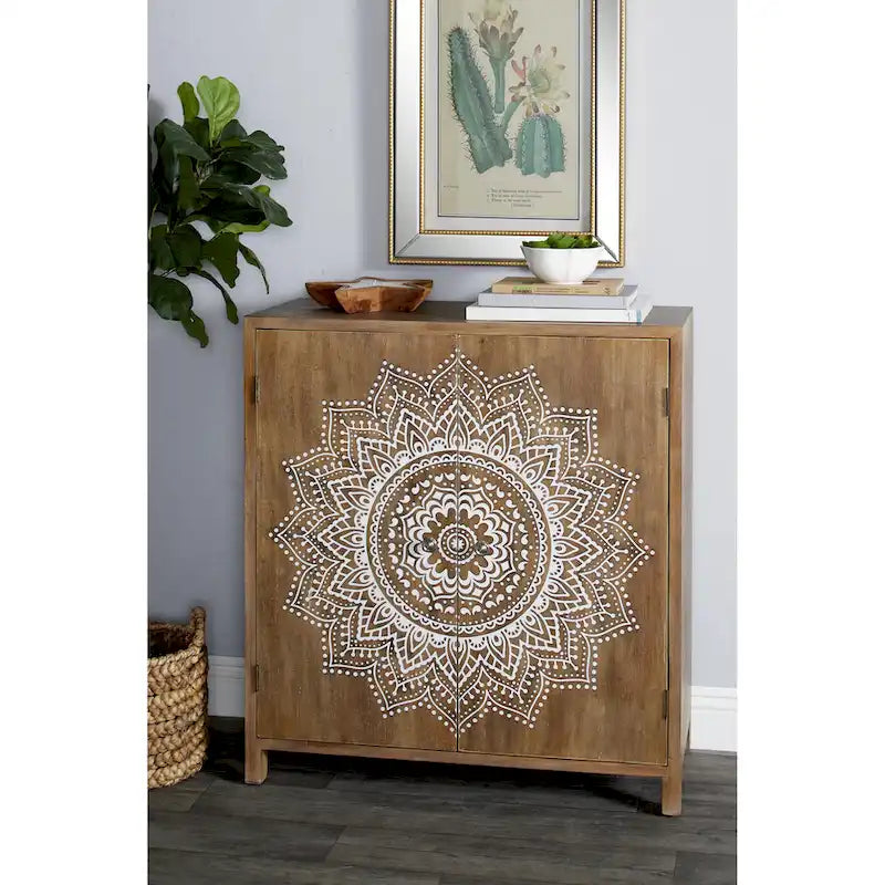 Wood Floral Intricately Carved 1 Shelf and 2 Doors Room Cabinet - Brown - Roche River Decor